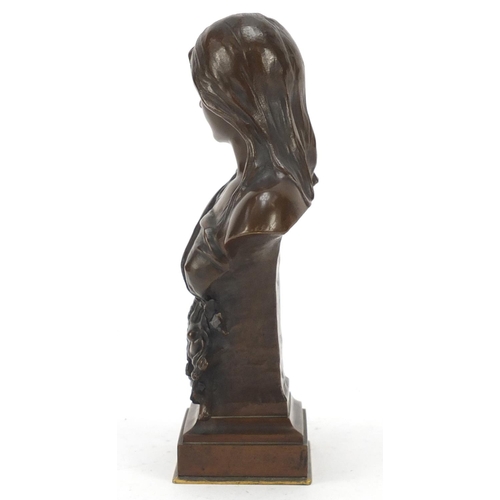 222 - Art Nouveau patinated bronze bust of a maiden by Hans Muller, 18.5cm high