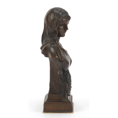 222 - Art Nouveau patinated bronze bust of a maiden by Hans Muller, 18.5cm high