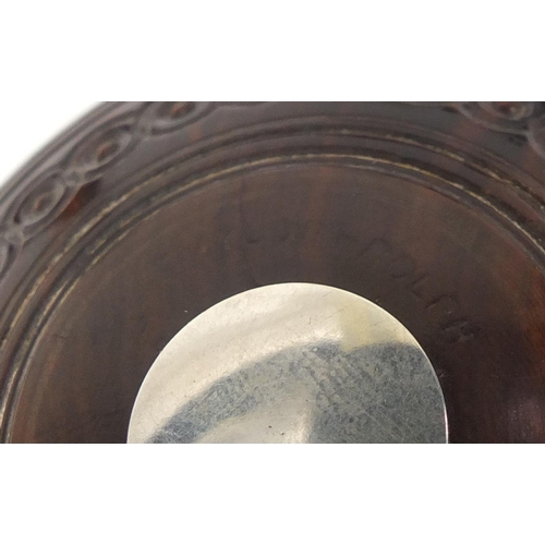 192 - Two lignum vitae presentation bowls on stands by Taylor-Rolph of London, each with inset silver plaq... 