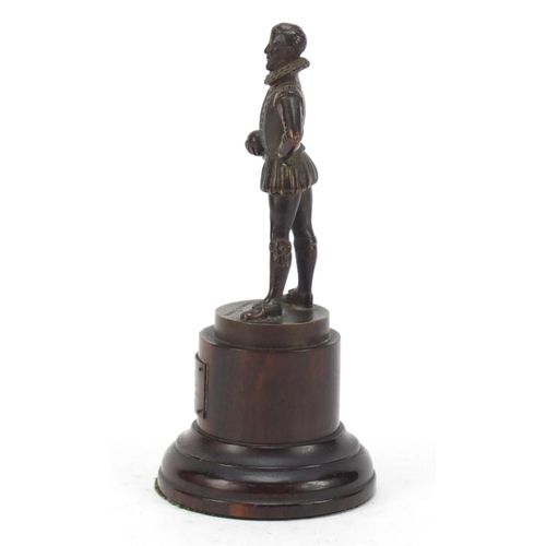 193 - Early 20th century patinated bronze bowling trophy in the form of Sir Francis Drake, presented to Mi... 