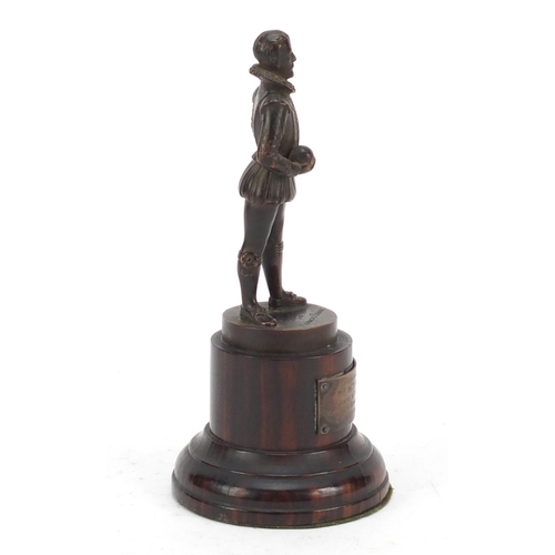 193 - Early 20th century patinated bronze bowling trophy in the form of Sir Francis Drake, presented to Mi... 