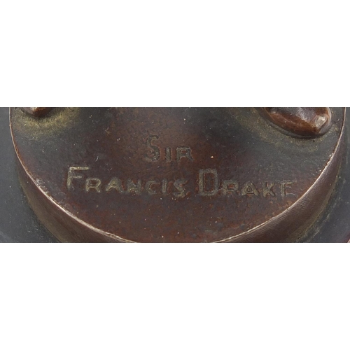 193 - Early 20th century patinated bronze bowling trophy in the form of Sir Francis Drake, presented to Mi... 