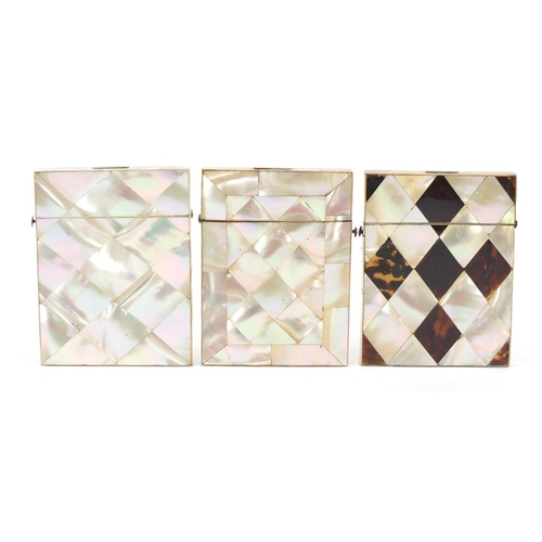 198 - Three Victorian mother of pearl calling card cases including one with tortoiseshell, each approximat... 