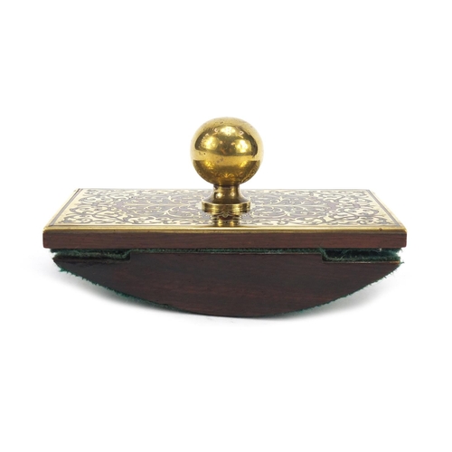 496 - 19th century brass boulle work and rosewood ink blotter with foliate decoration, 14.5cm wide