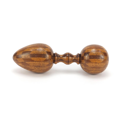 499 - Large inlaid treen double darning ball, 20cm in length