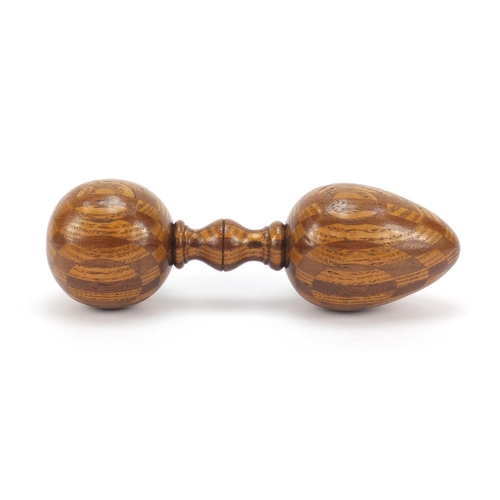 499 - Large inlaid treen double darning ball, 20cm in length