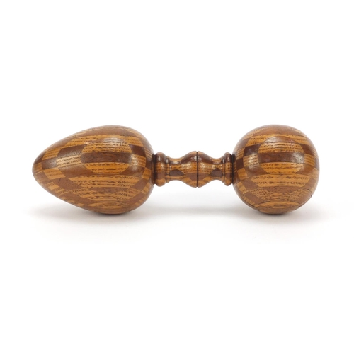 499 - Large inlaid treen double darning ball, 20cm in length