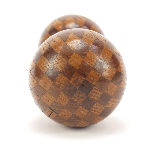 499 - Large inlaid treen double darning ball, 20cm in length