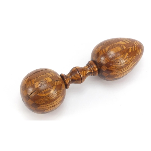 499 - Large inlaid treen double darning ball, 20cm in length