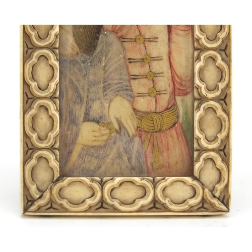 249 - 18th century Persian watercolour portrait miniature onto ivory of two noble people, housed in a carv... 