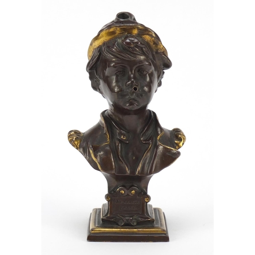 221 - French partially gilt bronzed bust of a young boy smoking, De Eerste Proef, 16.5cm high