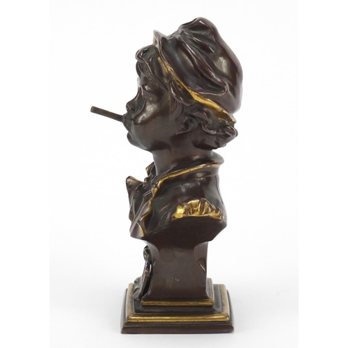 221 - French partially gilt bronzed bust of a young boy smoking, De Eerste Proef, 16.5cm high