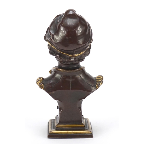 221 - French partially gilt bronzed bust of a young boy smoking, De Eerste Proef, 16.5cm high