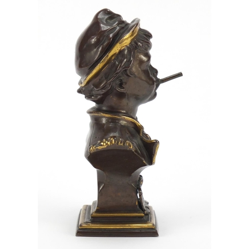 221 - French partially gilt bronzed bust of a young boy smoking, De Eerste Proef, 16.5cm high