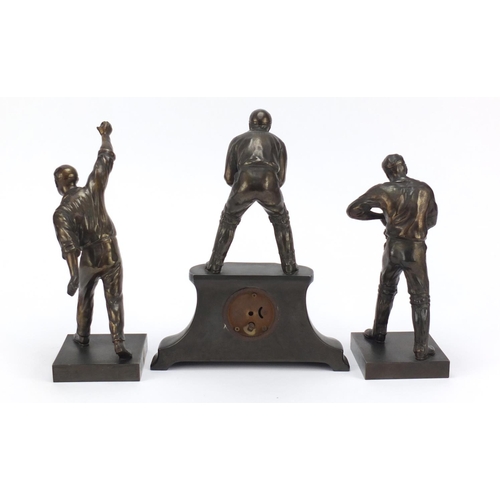 286 - Early 20th century cricketing interest bronzed three piece clock garniture, the clock with silvered ... 