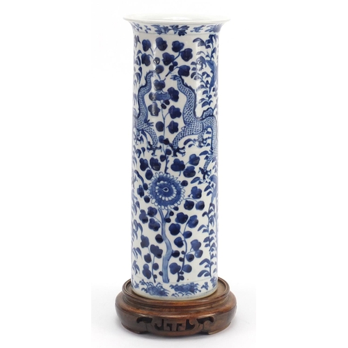 9 - Chinese blue and white porcelain sleeve vase raised on carved hardwood stand, the vase hand painted ... 