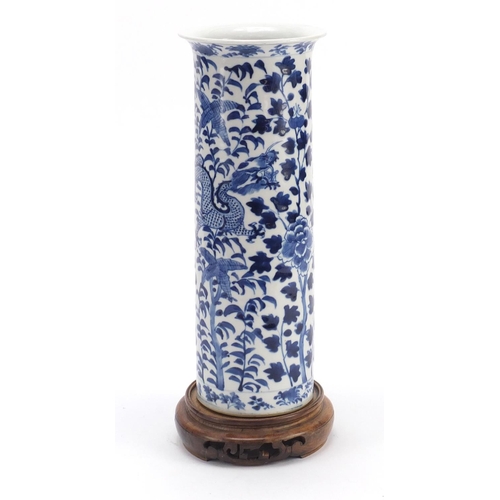 9 - Chinese blue and white porcelain sleeve vase raised on carved hardwood stand, the vase hand painted ... 