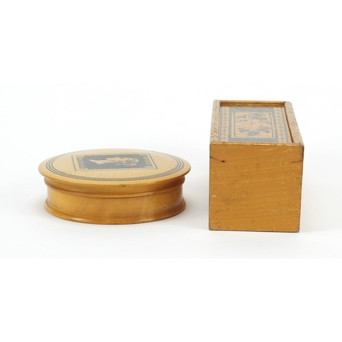 38 - Early Tunbridge ware white wood painted box and a satinwood snuff box decorated with a penny red sta... 