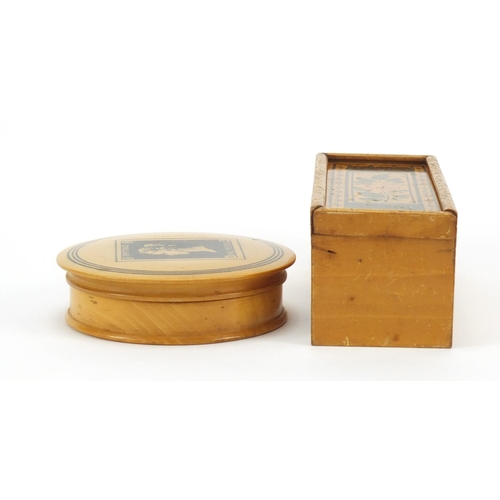 38 - Early Tunbridge ware white wood painted box and a satinwood snuff box decorated with a penny red sta... 