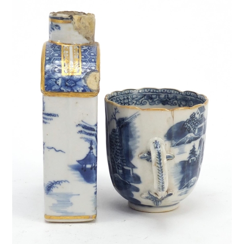 520 - Chinese blue and white porcelain tea caddy and cup, each decorated with a landscape, the largest 11.... 