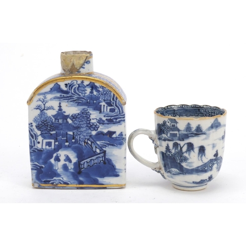 520 - Chinese blue and white porcelain tea caddy and cup, each decorated with a landscape, the largest 11.... 