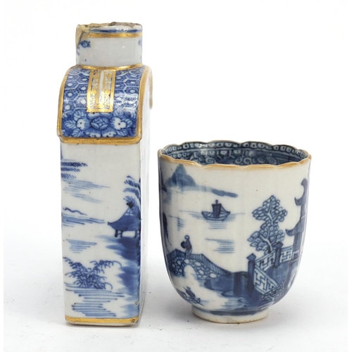 520 - Chinese blue and white porcelain tea caddy and cup, each decorated with a landscape, the largest 11.... 