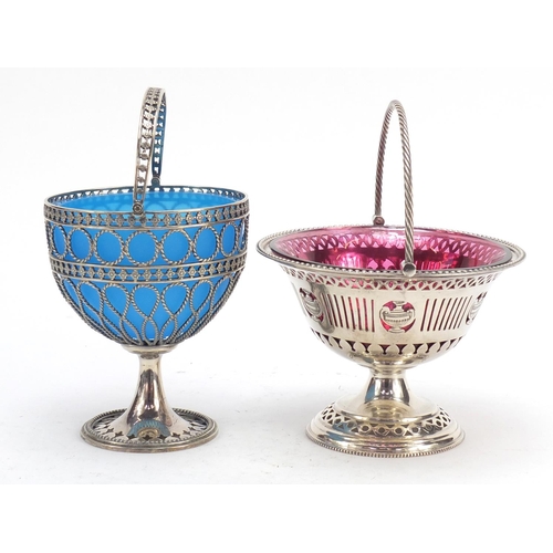 663 - Two silver plated sugar baskets with swing handles and glass liners, including one by Cooper Bros wi... 