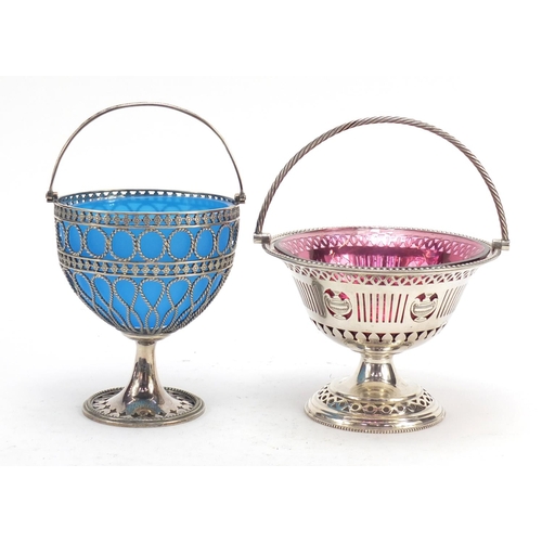 663 - Two silver plated sugar baskets with swing handles and glass liners, including one by Cooper Bros wi... 