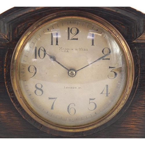 614 - Mappin & Webb oak cased mantle clock with silvered dial having Arabic numerals, 15.5cm high