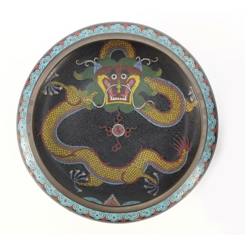 151 - Chinese cloisonné squatted bowl raised on carved hardwood stand, enamelled with dragons chasing a fl... 