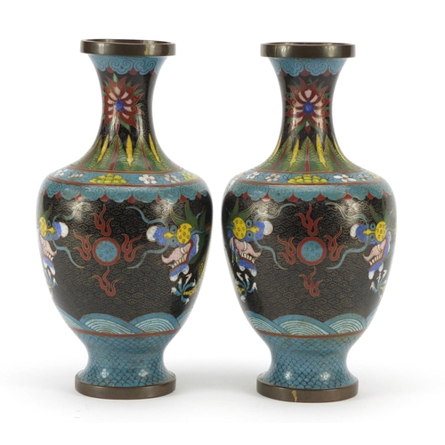 254 - Pair of Chinese cloisonné vases, enamelled with dragons chasing a flaming pearl amongst clouds, each... 