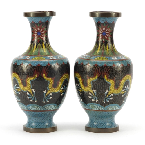 254 - Pair of Chinese cloisonné vases, enamelled with dragons chasing a flaming pearl amongst clouds, each... 