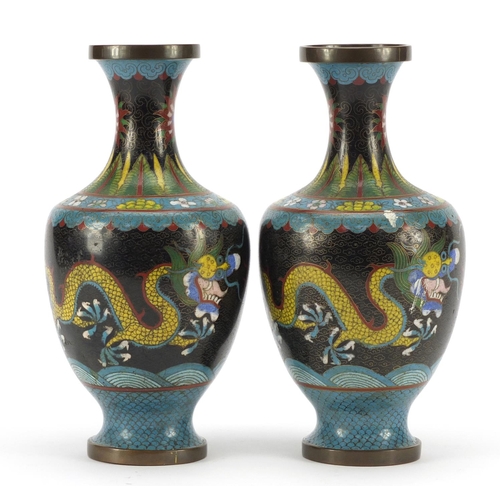 254 - Pair of Chinese cloisonné vases, enamelled with dragons chasing a flaming pearl amongst clouds, each... 