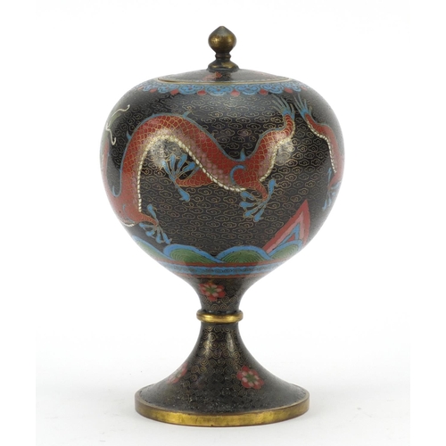 523 - Chinese cloisonné pedestal globular pot and cover enamelled with dragons chasing a flaming pearl amo... 