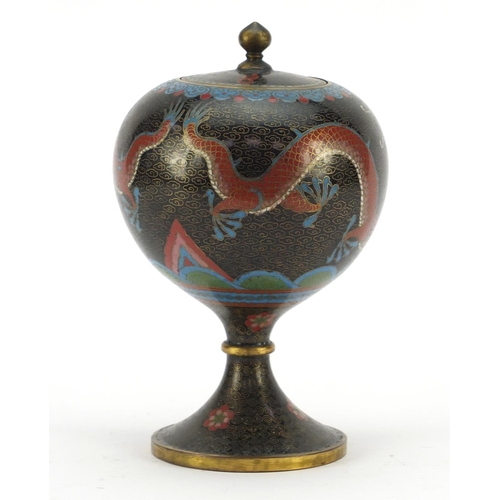 523 - Chinese cloisonné pedestal globular pot and cover enamelled with dragons chasing a flaming pearl amo... 