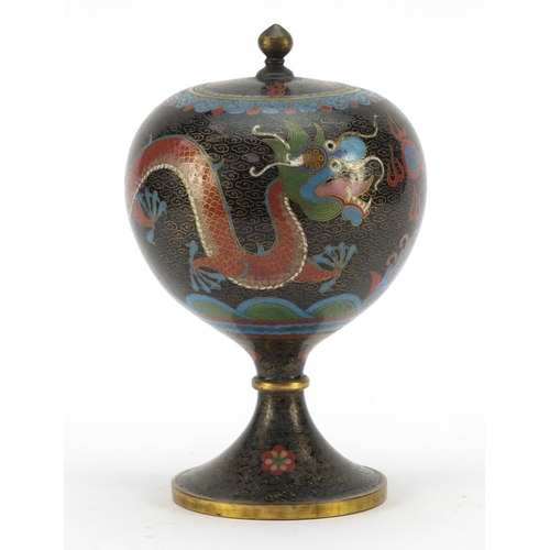 523 - Chinese cloisonné pedestal globular pot and cover enamelled with dragons chasing a flaming pearl amo... 