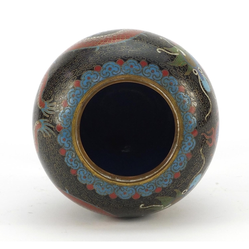 523 - Chinese cloisonné pedestal globular pot and cover enamelled with dragons chasing a flaming pearl amo... 