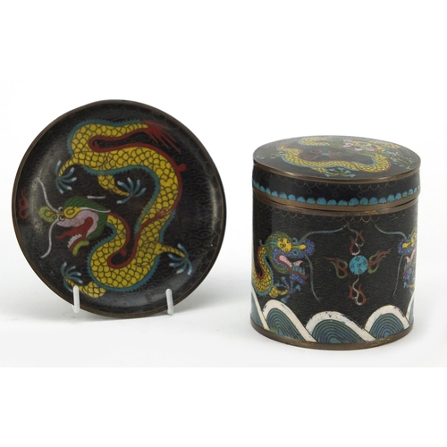 255 - Chinese cloisonné pot with cover and a dish, each enamelled with dragons chasing a flaming pearl amo... 