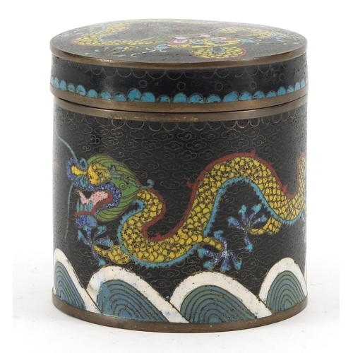 255 - Chinese cloisonné pot with cover and a dish, each enamelled with dragons chasing a flaming pearl amo... 