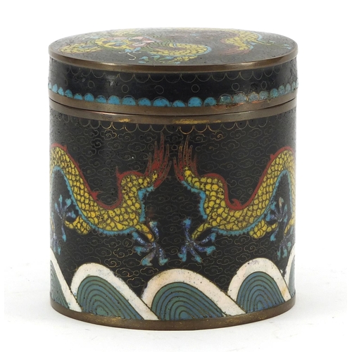 255 - Chinese cloisonné pot with cover and a dish, each enamelled with dragons chasing a flaming pearl amo... 