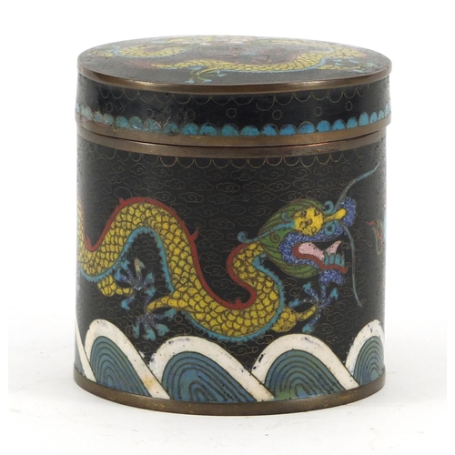 255 - Chinese cloisonné pot with cover and a dish, each enamelled with dragons chasing a flaming pearl amo... 