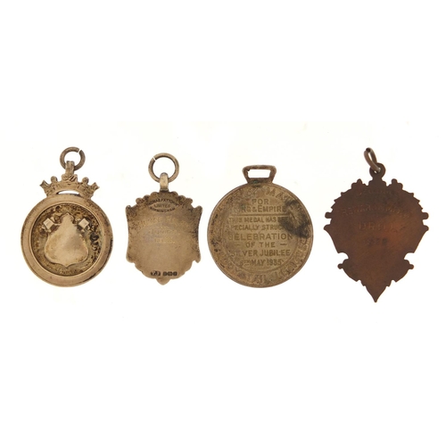 1539 - Three sports jewels and a commemorative medallion including two silver