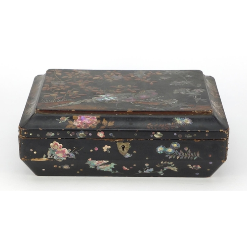 343 - Victorian black lacquered sewing box with mother of pearl inlay, decorated with a bird amongst flowe... 