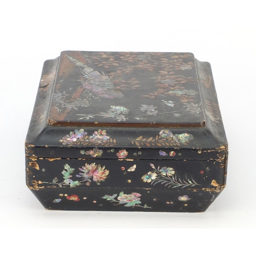 343 - Victorian black lacquered sewing box with mother of pearl inlay, decorated with a bird amongst flowe... 