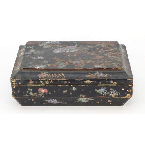 343 - Victorian black lacquered sewing box with mother of pearl inlay, decorated with a bird amongst flowe... 