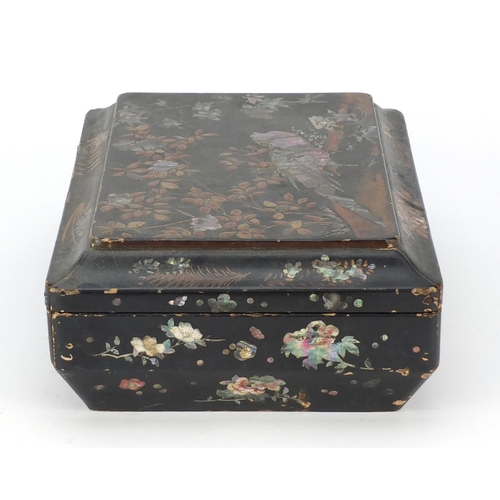 343 - Victorian black lacquered sewing box with mother of pearl inlay, decorated with a bird amongst flowe... 