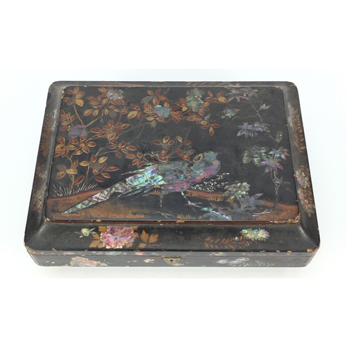 343 - Victorian black lacquered sewing box with mother of pearl inlay, decorated with a bird amongst flowe... 