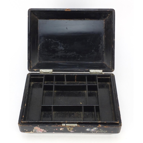 343 - Victorian black lacquered sewing box with mother of pearl inlay, decorated with a bird amongst flowe... 