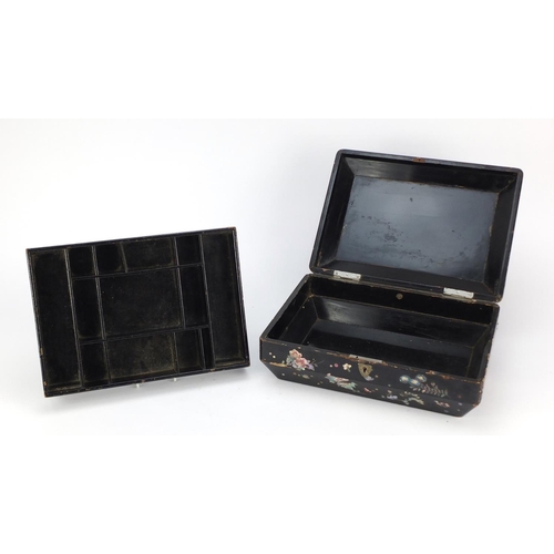 343 - Victorian black lacquered sewing box with mother of pearl inlay, decorated with a bird amongst flowe... 