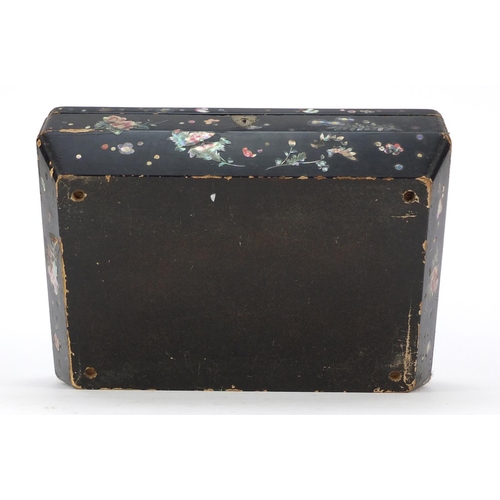 343 - Victorian black lacquered sewing box with mother of pearl inlay, decorated with a bird amongst flowe... 